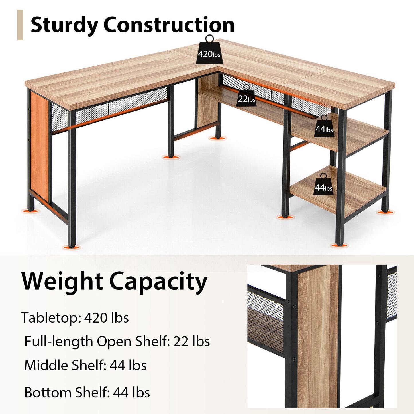 Costway Oak L-Shaped Corner Computer Desk