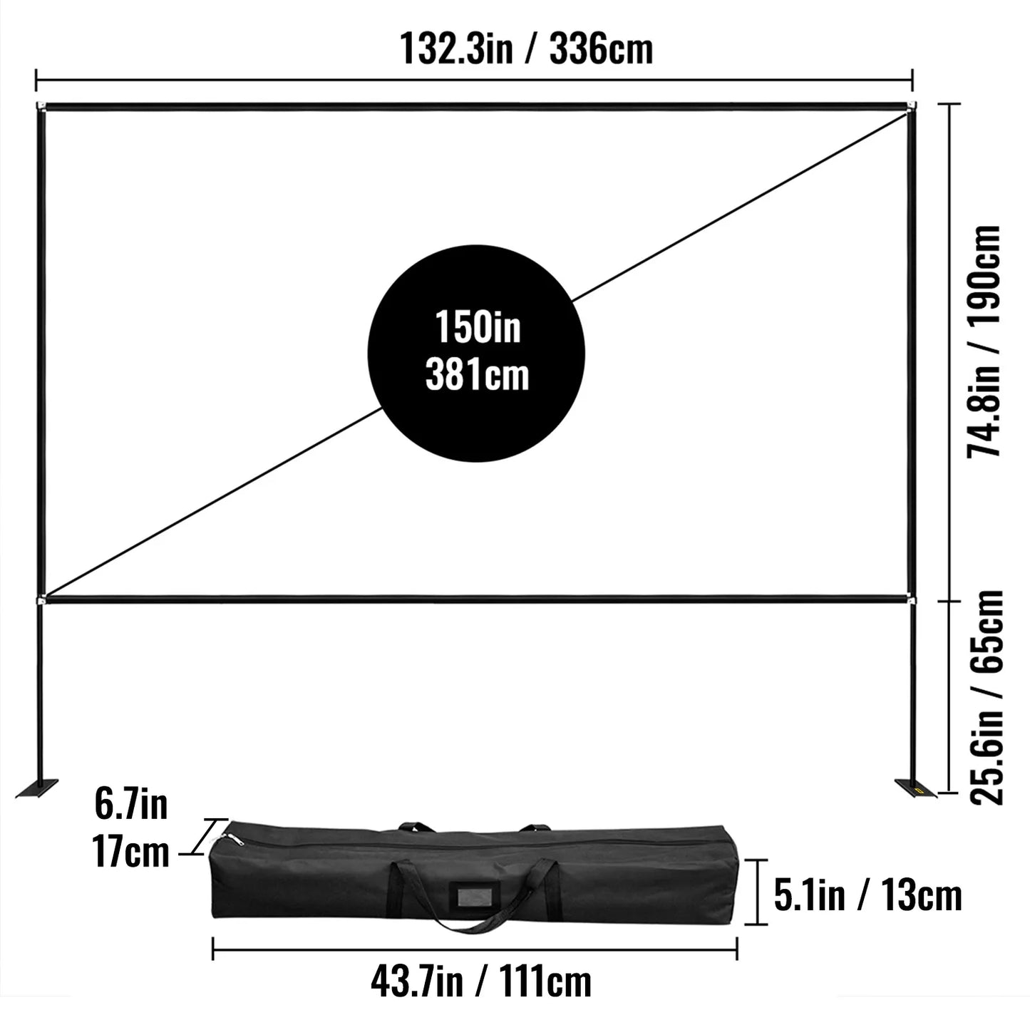 VEVOR 80 90 100 135 150 180 Inch Portable Outdoor Projector Screen W/ Stand and Storage Bag P