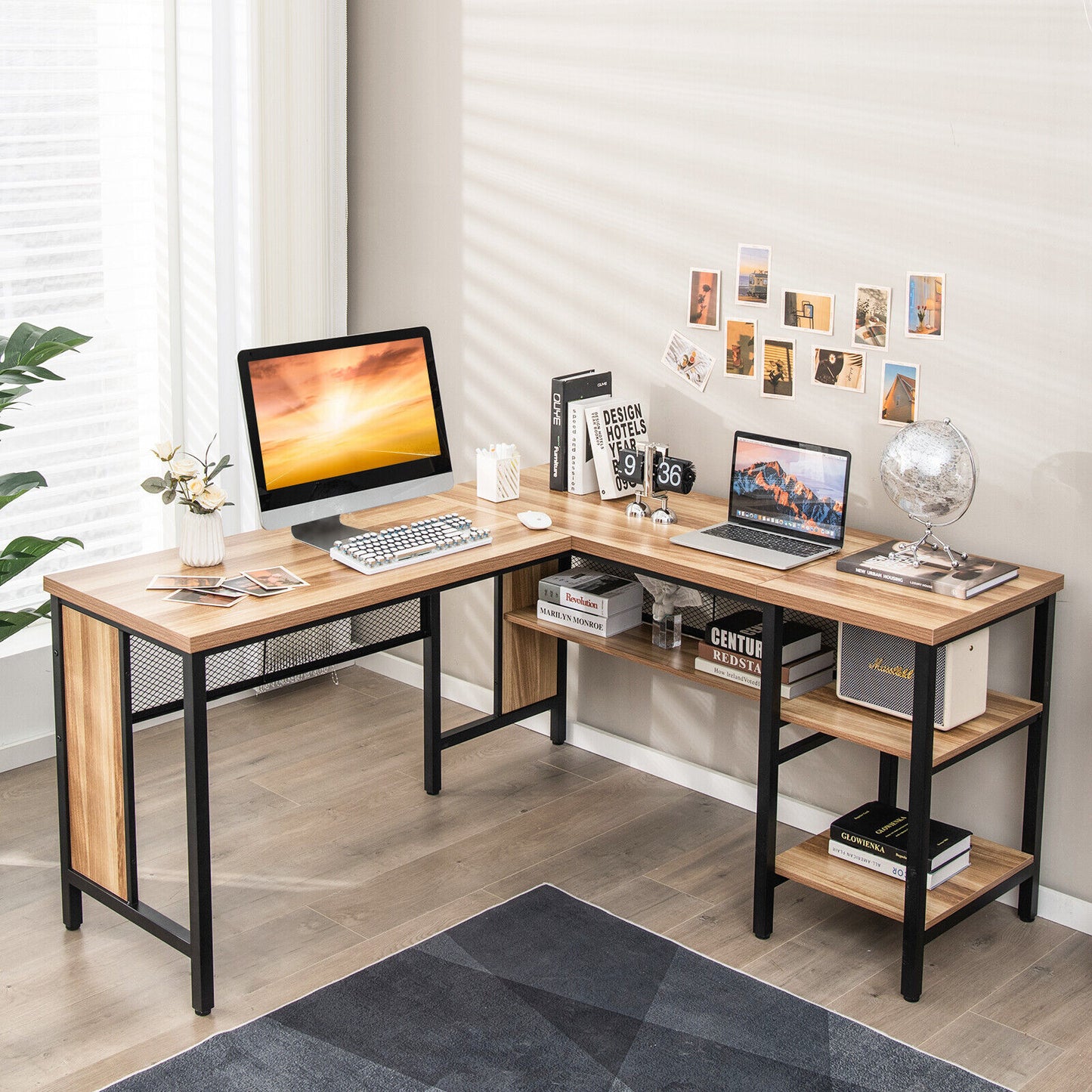 Costway Oak L-Shaped Corner Computer Desk