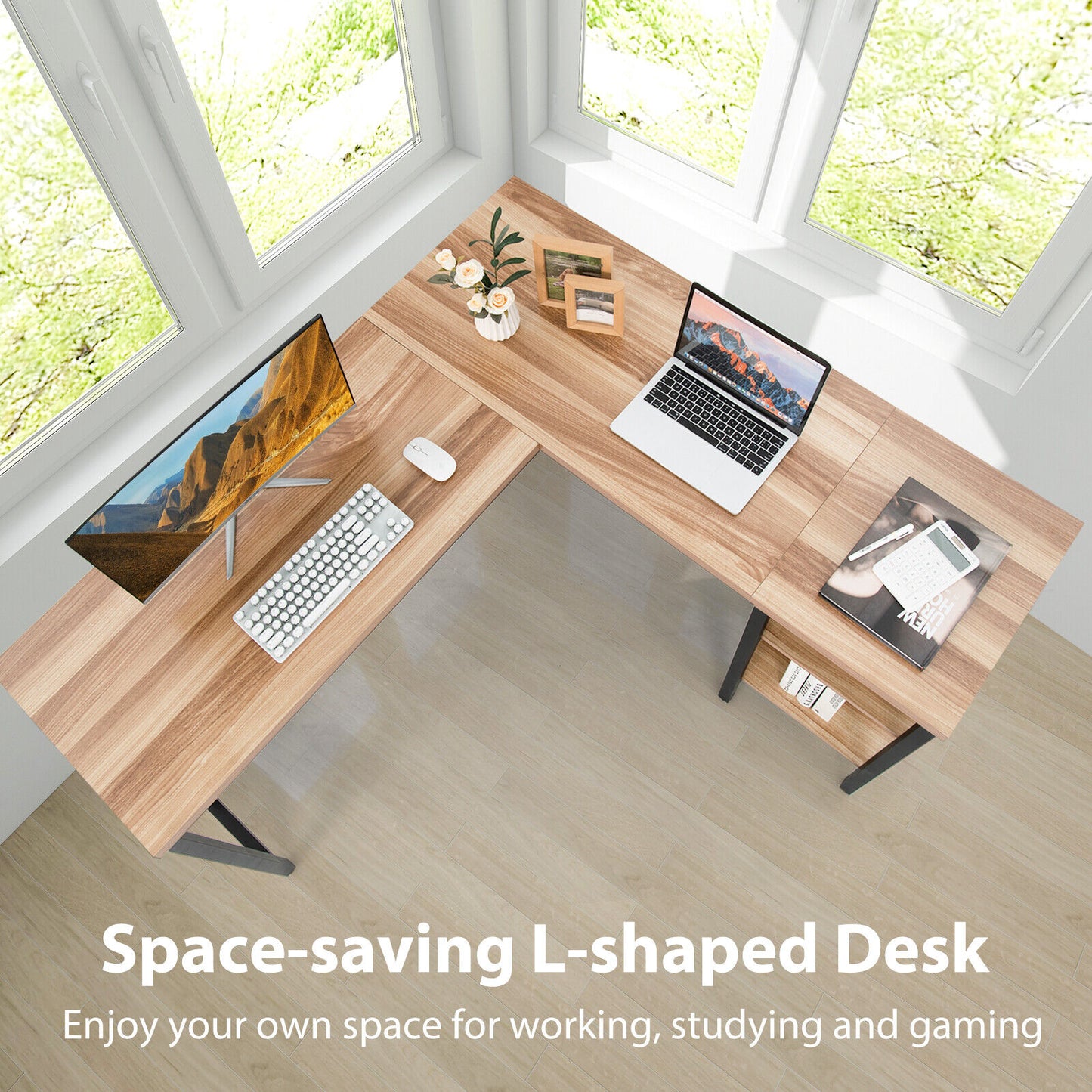Costway Oak L-Shaped Corner Computer Desk