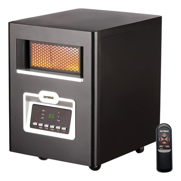 Optimus H-8214 H-8214 3-Setting 1,500-Watt-Max Portable Infrared Quartz Heater with Remote, LED Display, and Wheeled Base