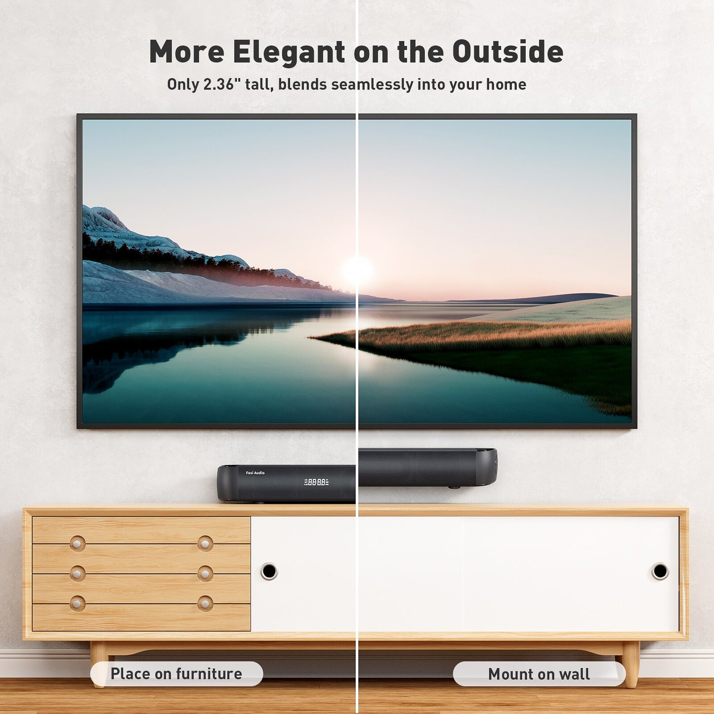 Fosi Built-in DSP Bass 18 inch 20W Bluetooth Sound Bar for TV with 5 EQ Modes and Adjustable via Remote Control
