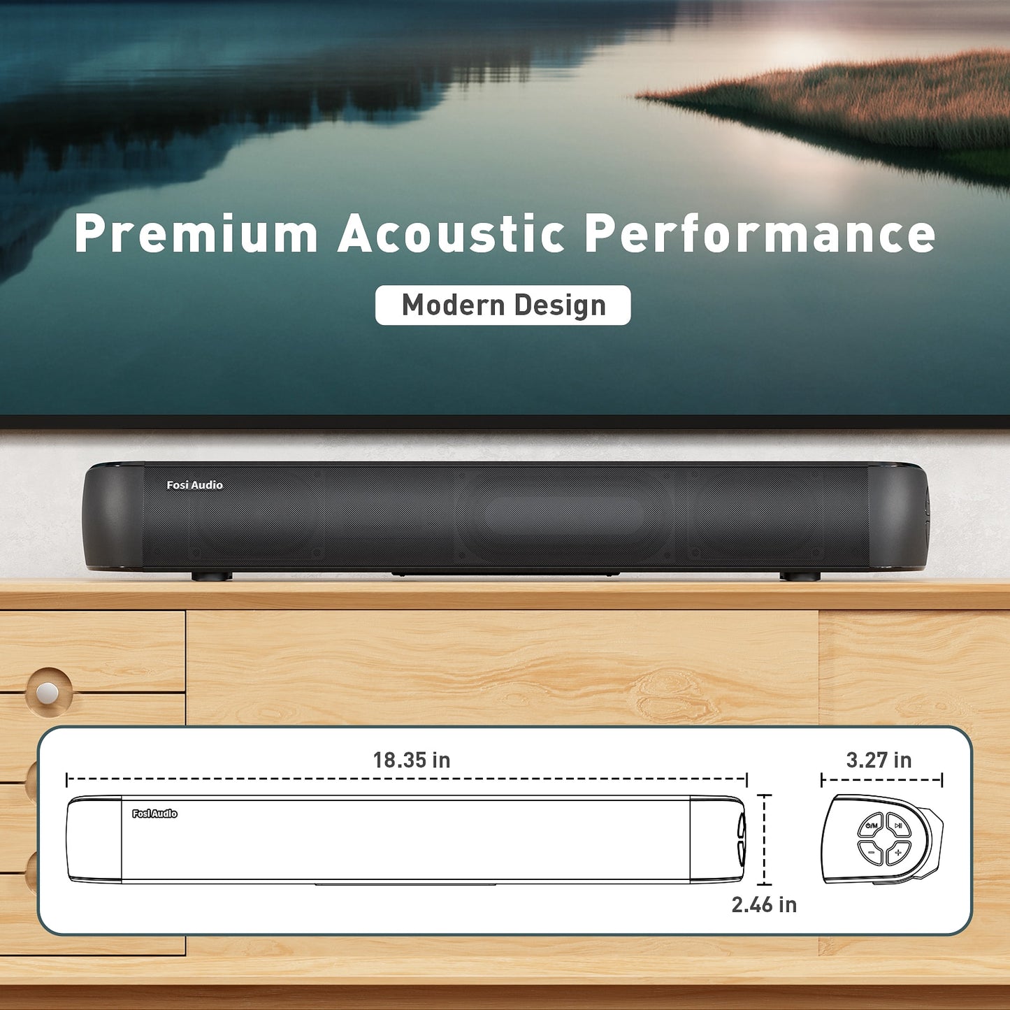 Fosi Built-in DSP Bass 18 inch 20W Bluetooth Sound Bar for TV with 5 EQ Modes and Adjustable via Remote Control