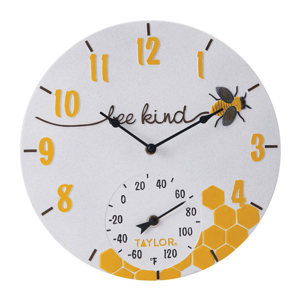 Taylor Precision Products 5280579 14-In. Bee Kind Poly Resin Clock with Thermometer