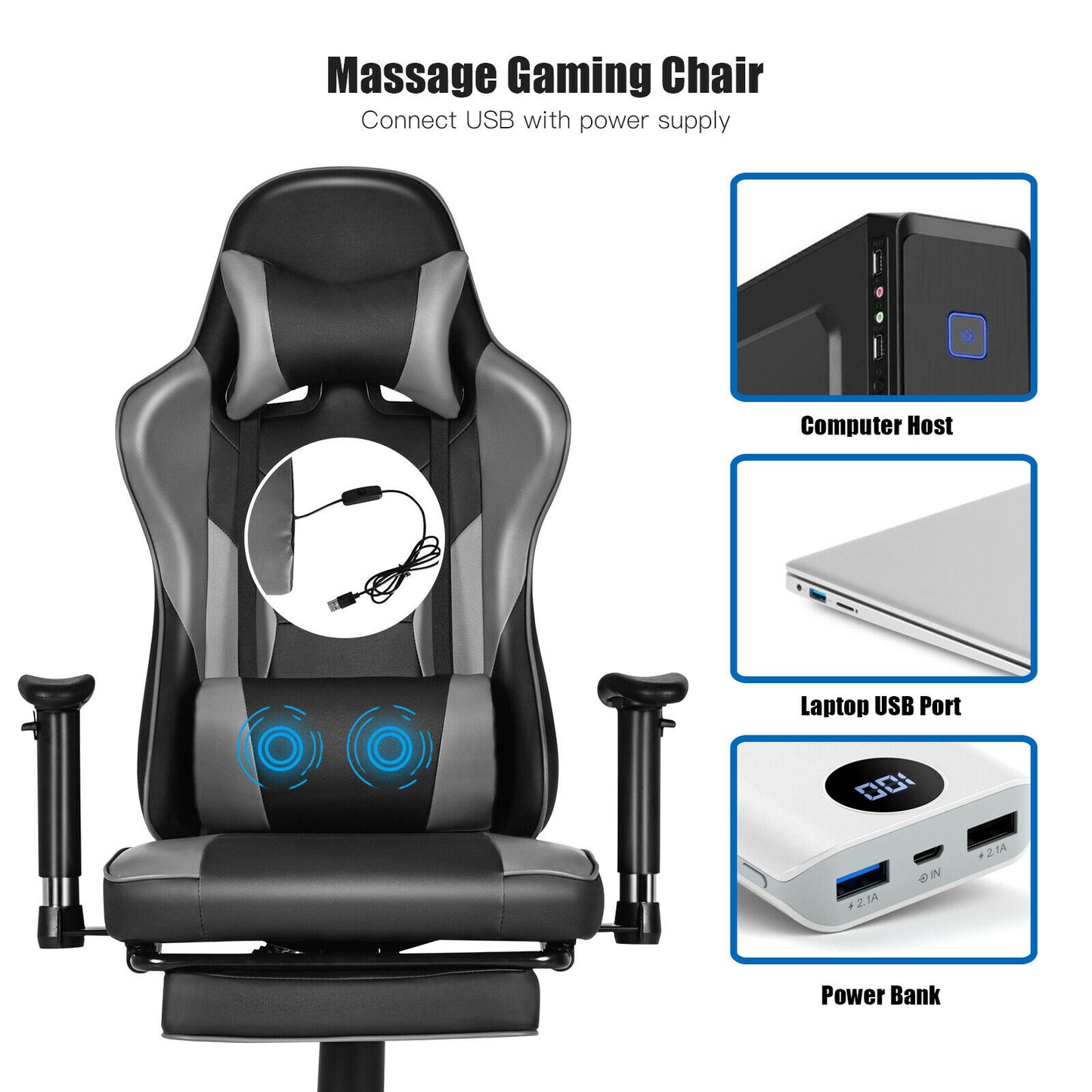 Massage Gaming Chair w/Footrest Blue Black