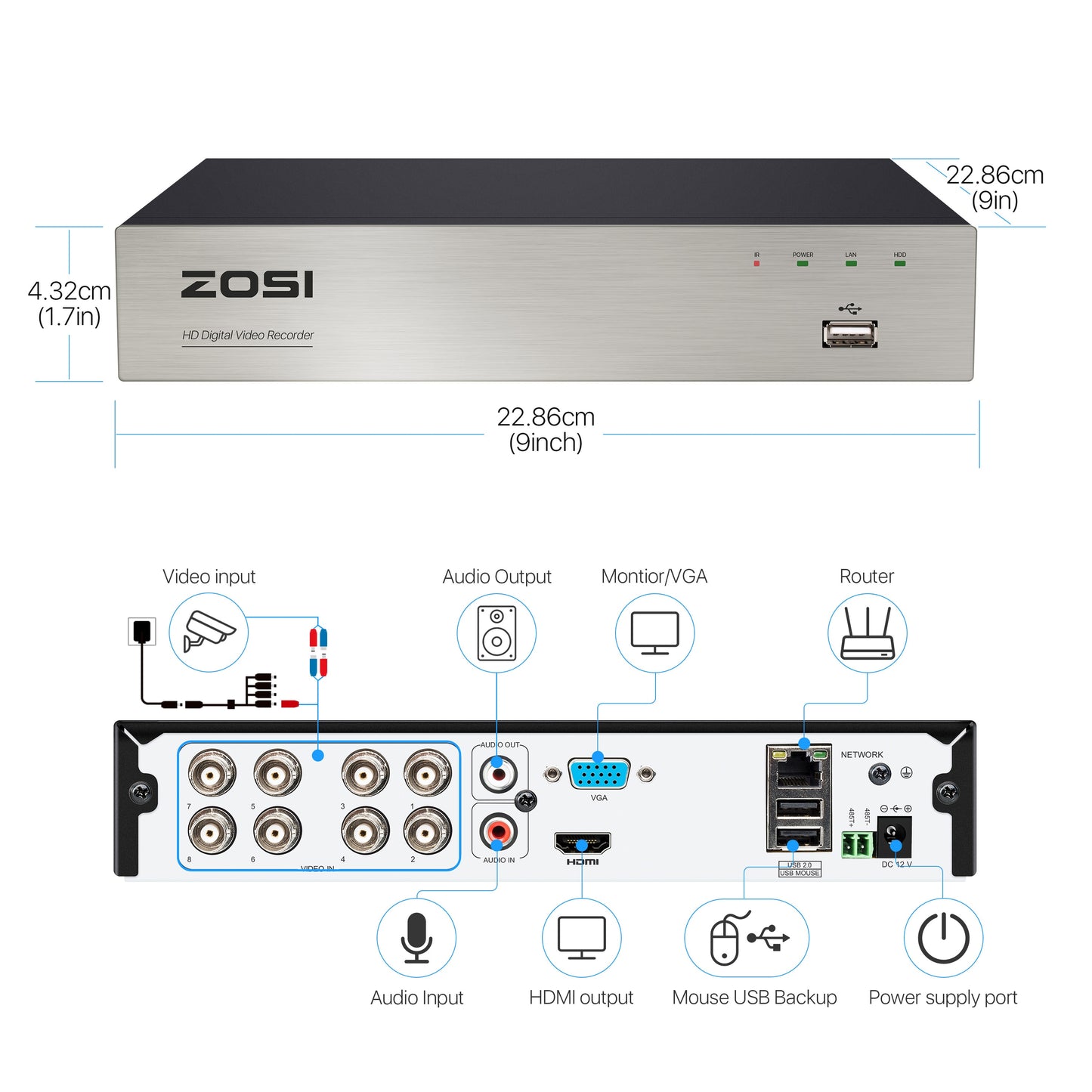 ZOSI 1080P 8 CH  DVR  2MP CCTV Video Recorder Hybrid Cam Security System