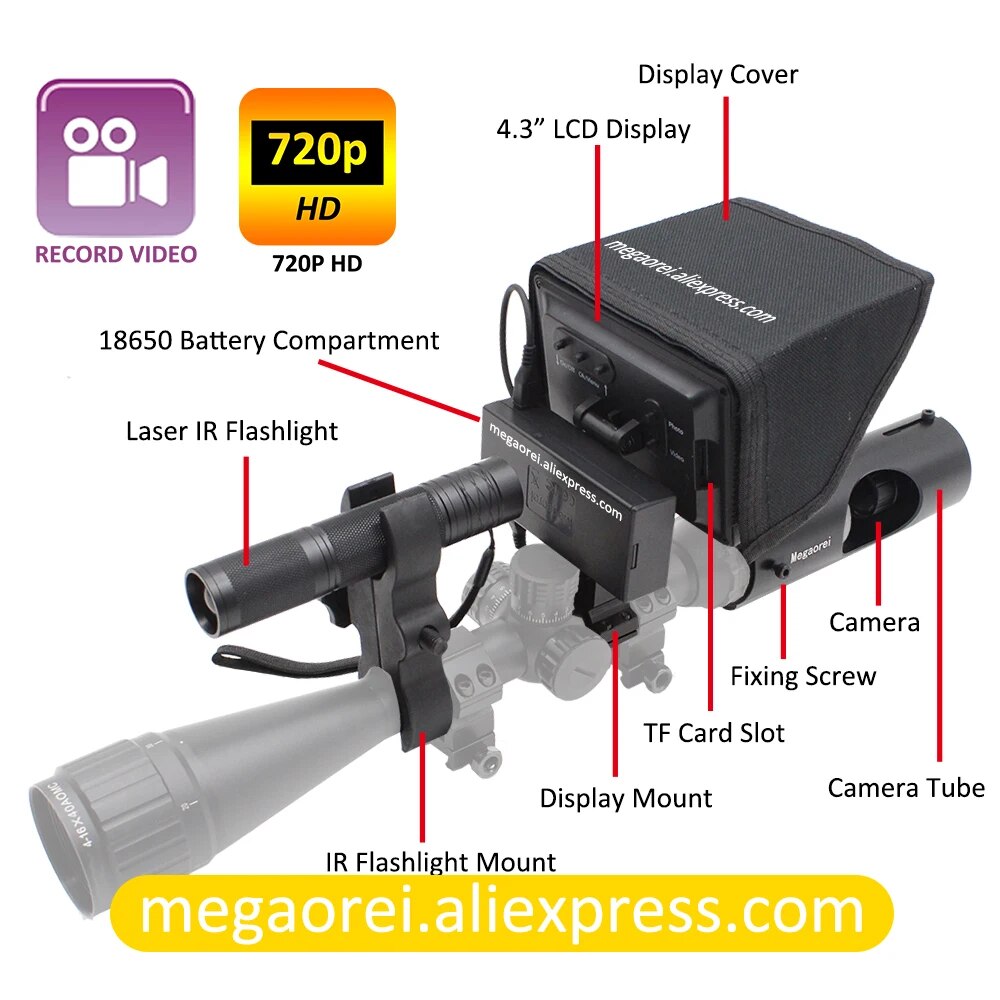 Megaorei2 720p Video Digital Infrared Night Vision Riflescope with Monitor and Flashlight