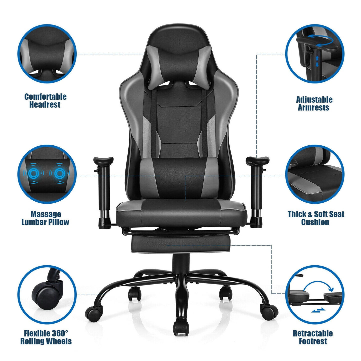 Massage Gaming Chair w/Footrest Blue Black