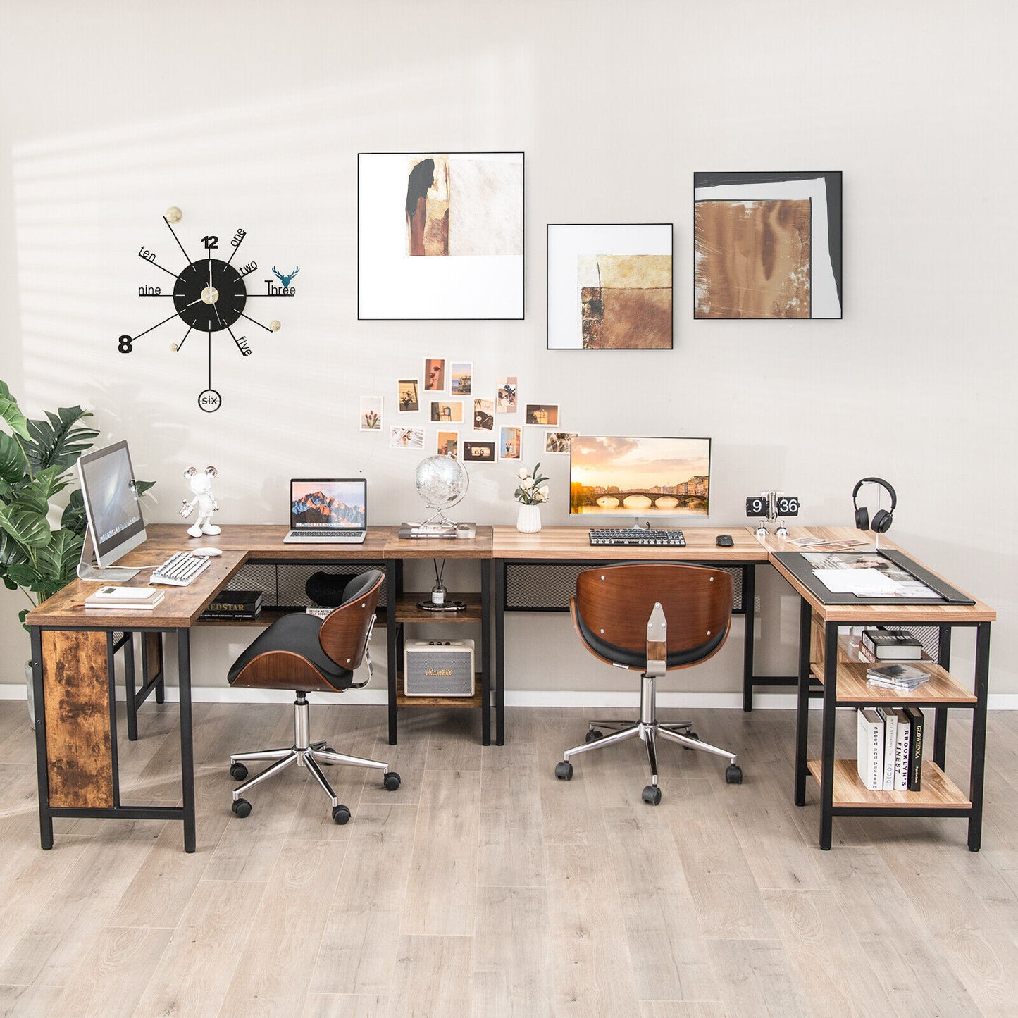 Costway Oak L-Shaped Corner Computer Desk