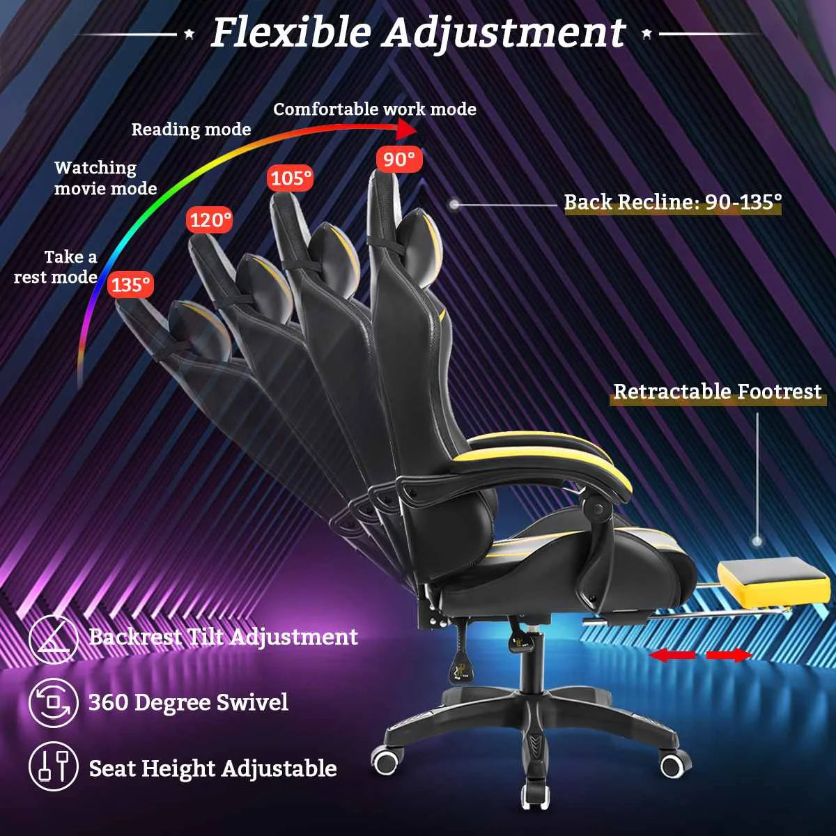 Ergonomic RGB Light Gaming Chair with  2 Point Massage and Footrest