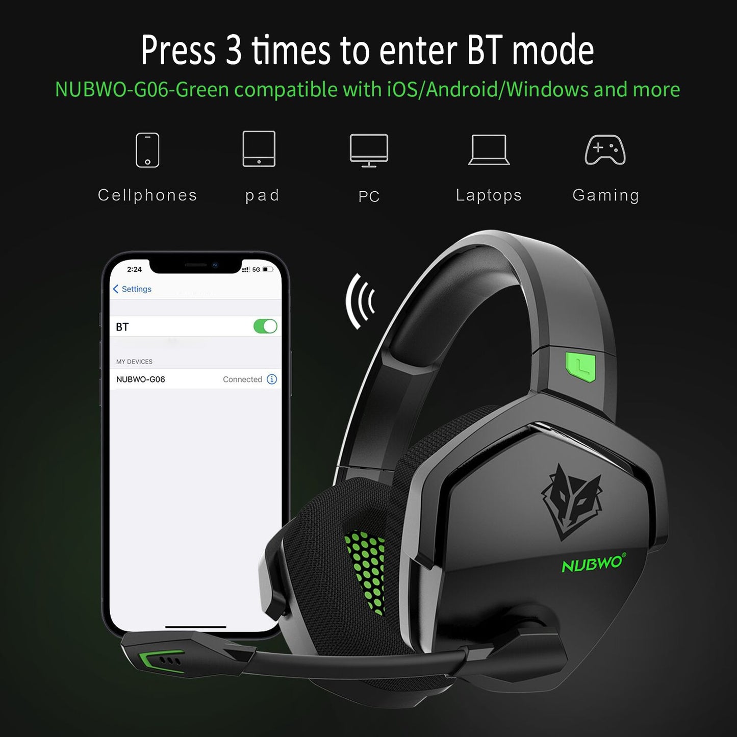 NUBWO G06 Wireless Gaming Headset  with Mic