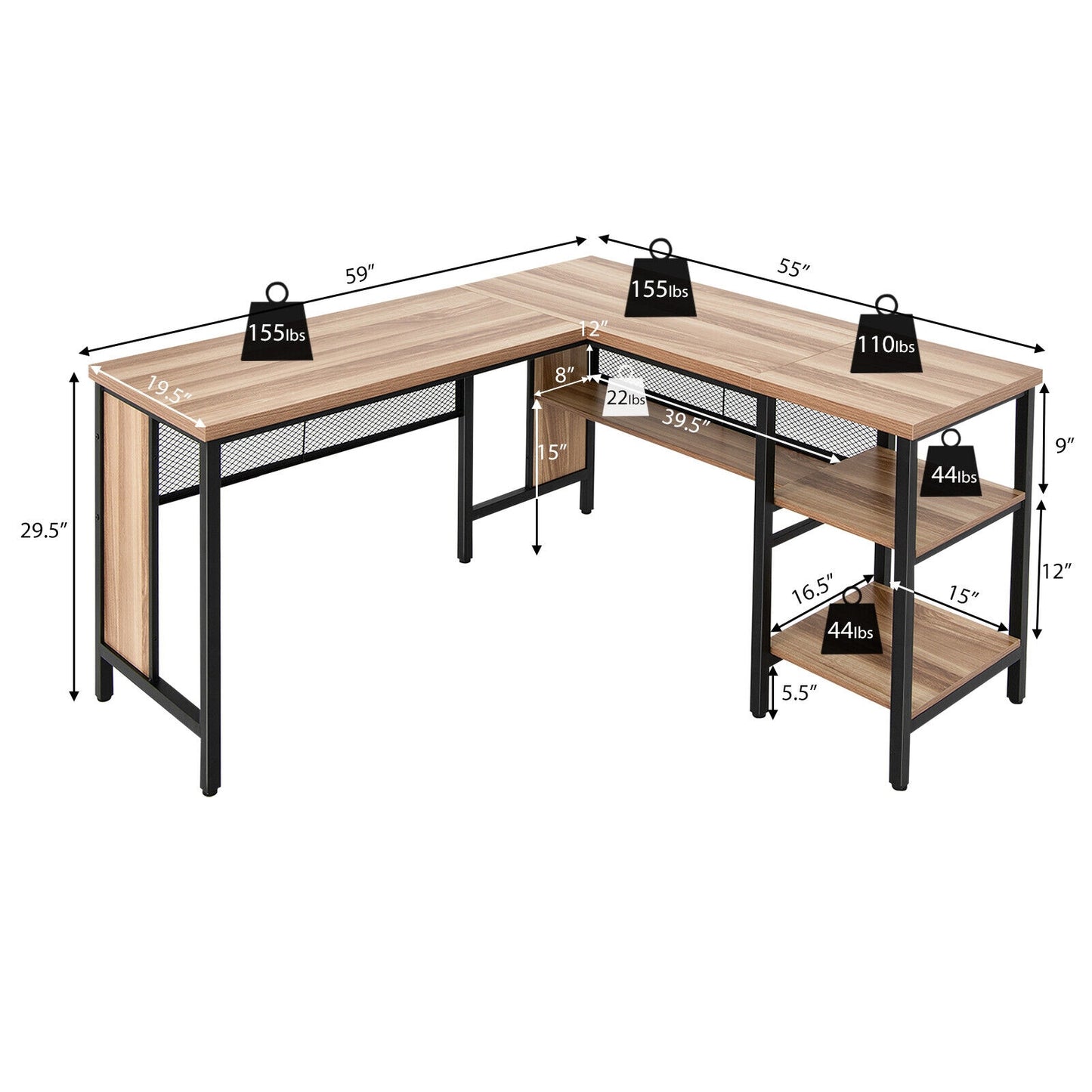 Costway Oak L-Shaped Corner Computer Desk