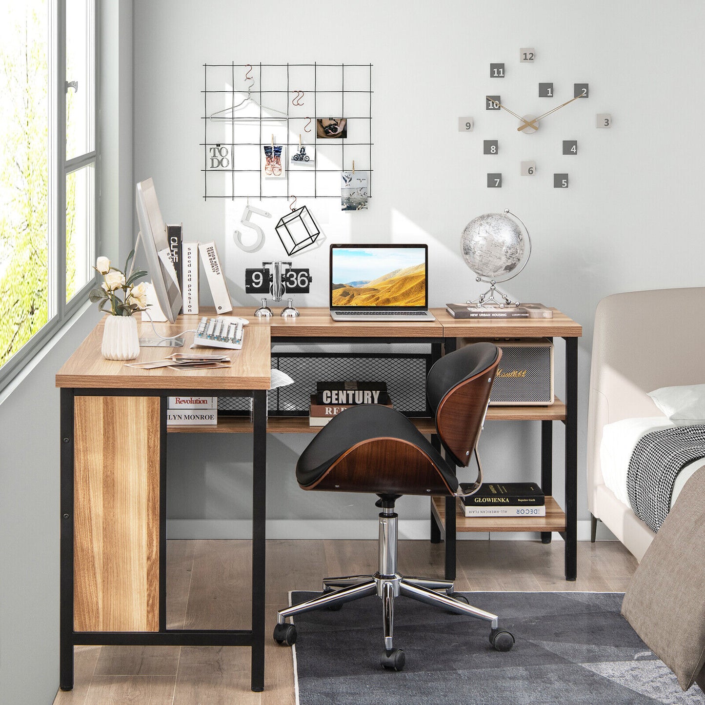 Costway Oak L-Shaped Corner Computer Desk