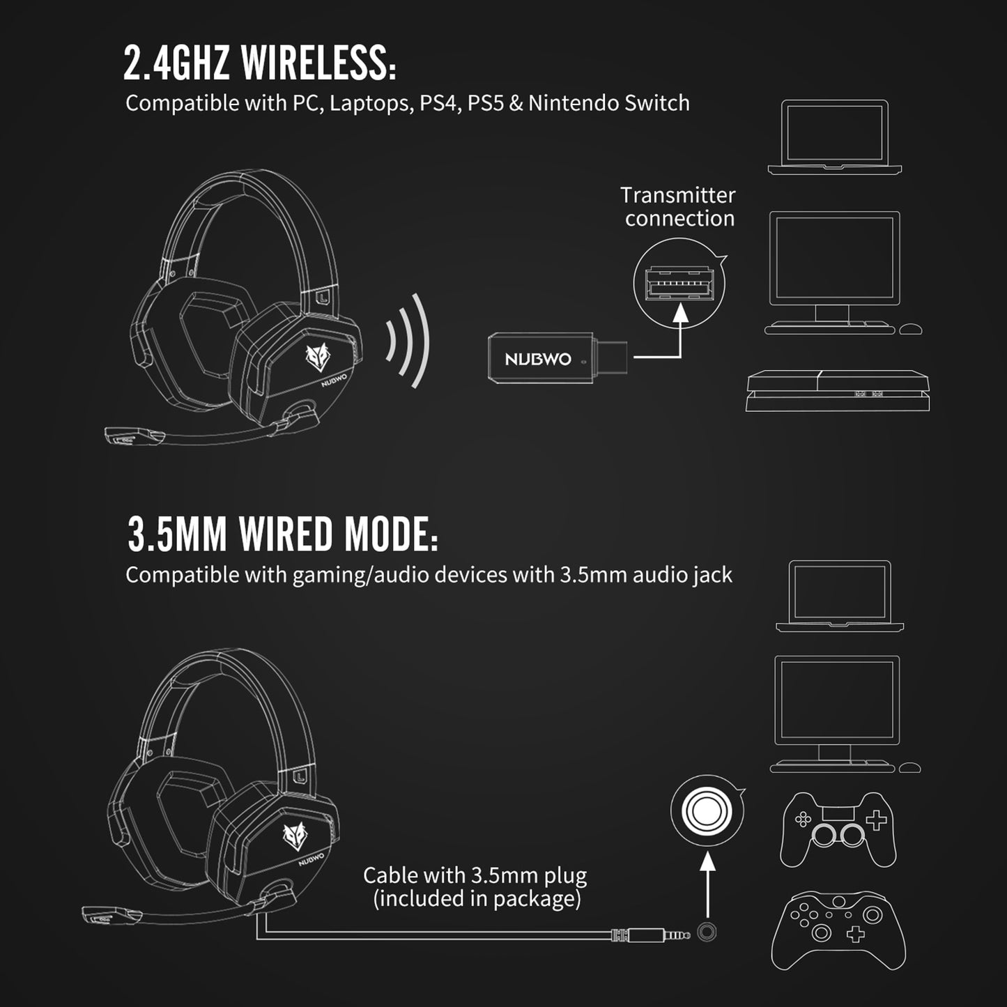 NUBWO G06 Wireless Gaming Headset  with Mic