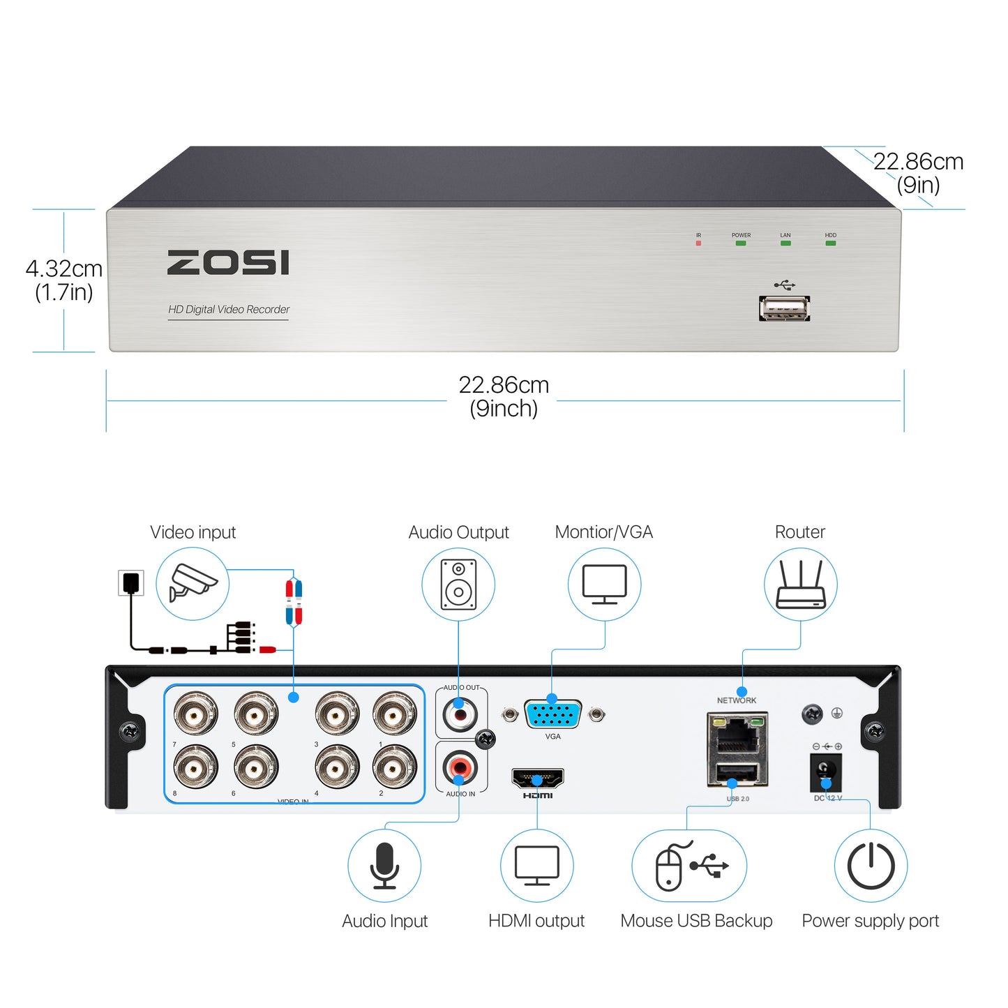 ZOSI 1080P 8 CH  DVR  2MP CCTV Video Recorder Hybrid Cam Security System