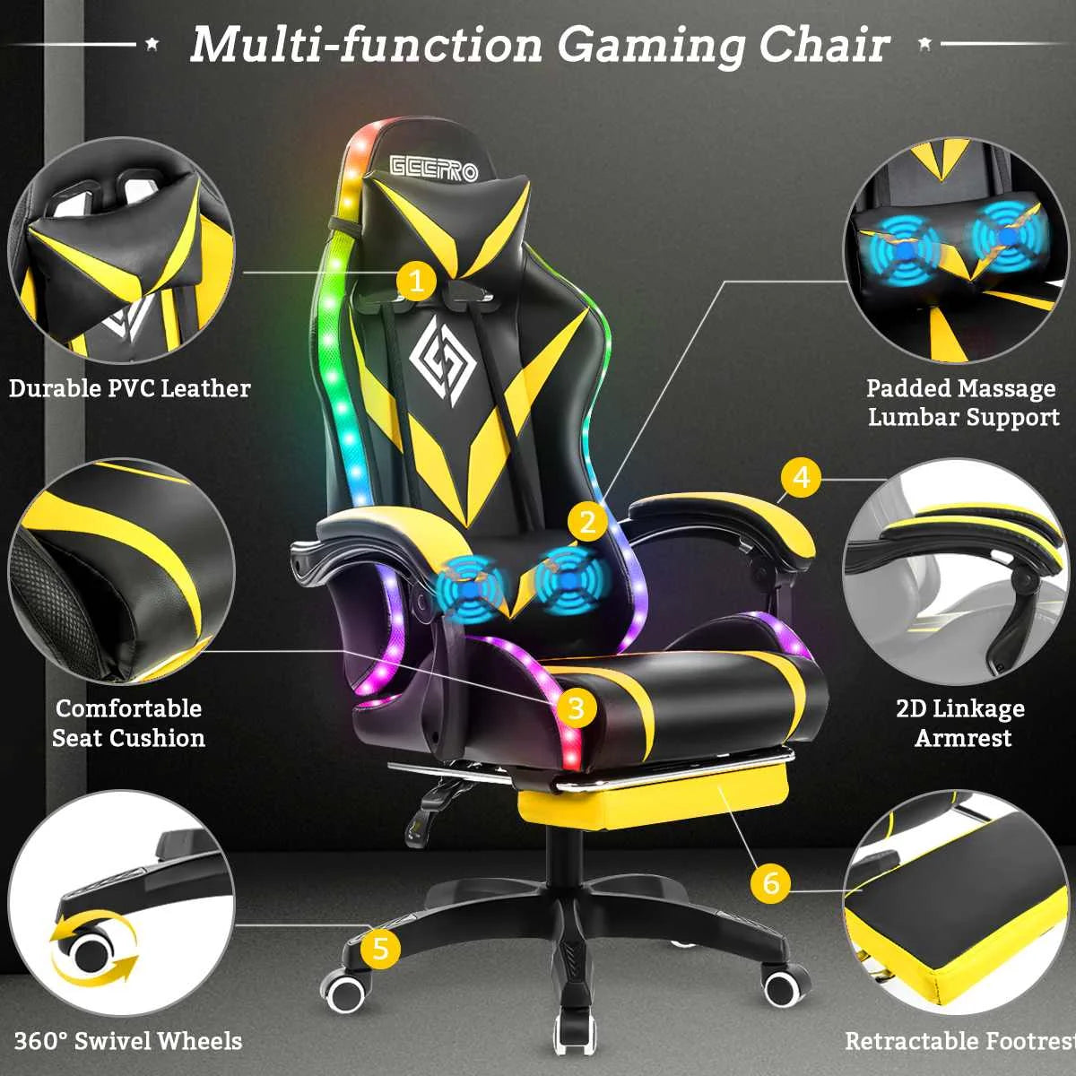 Ergonomic RGB Light Gaming Chair with  2 Point Massage and Footrest