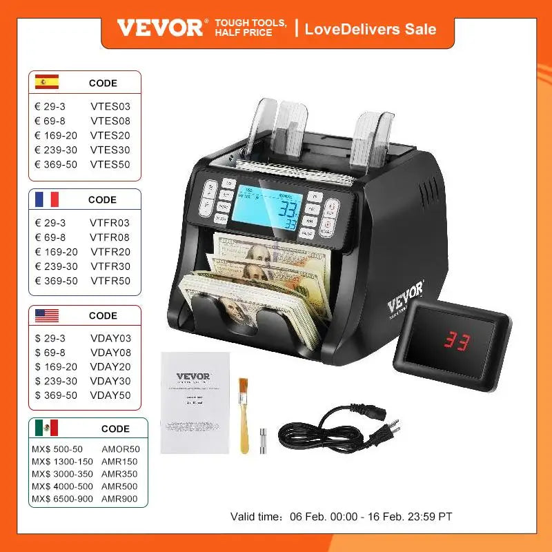 VEVOR 1200 Pcs/Min Money Counter and Counterfeit Bill Detector by UV/MG/IR/DD Function