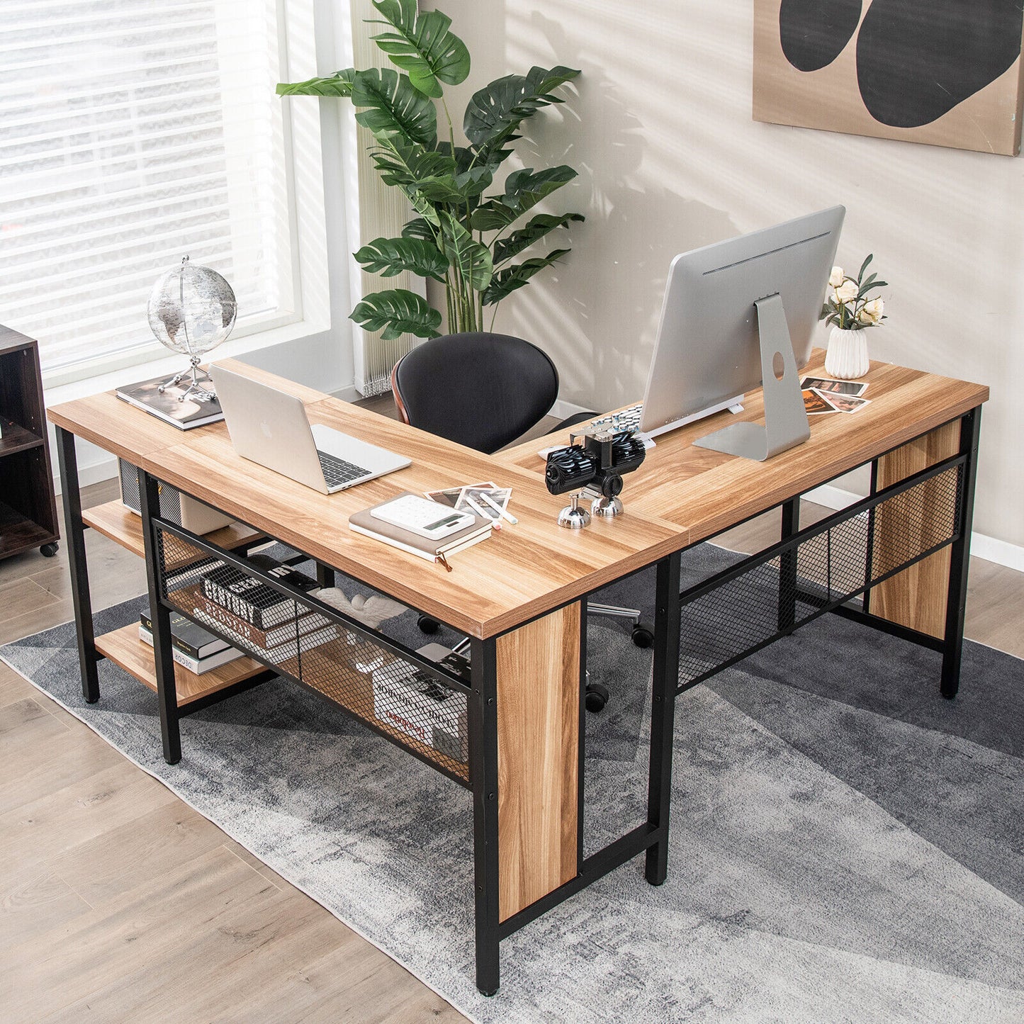 Costway Oak L-Shaped Corner Computer Desk