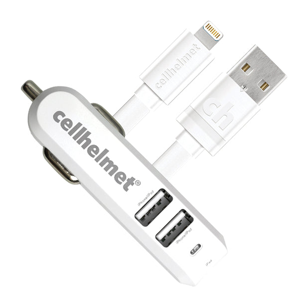 cellhelmet CAR-4.8/3-B+F-LIGHT-3-W 4.8-Amp 3-Port USB Car Charger with USB-A to Lightning Flat Cable, 3 Feet