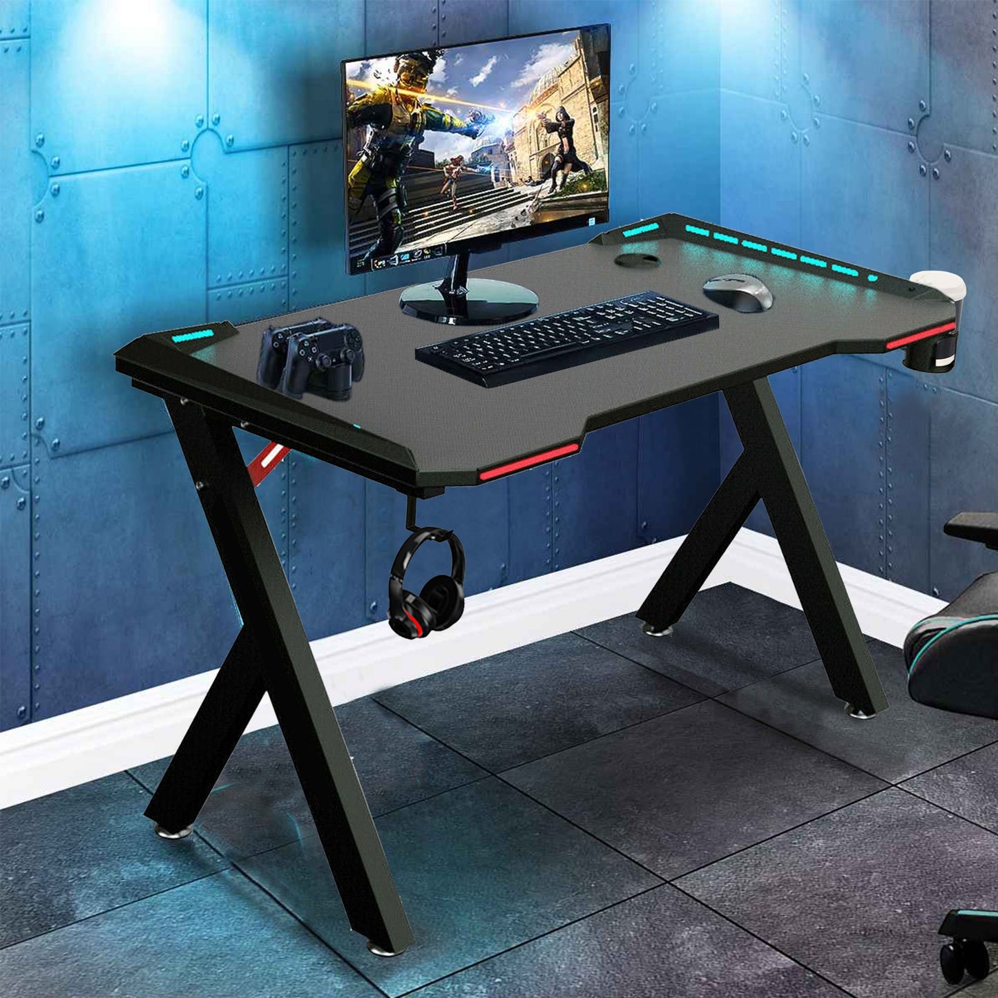 Ergonomic Gaming Desk PC  with RGB LED Lights and Headphone Holder