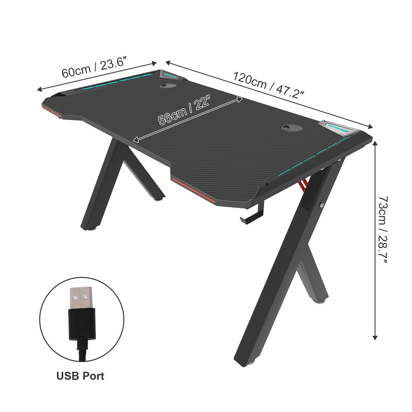 Ergonomic Gaming Desk PC  with RGB LED Lights and Headphone Holder