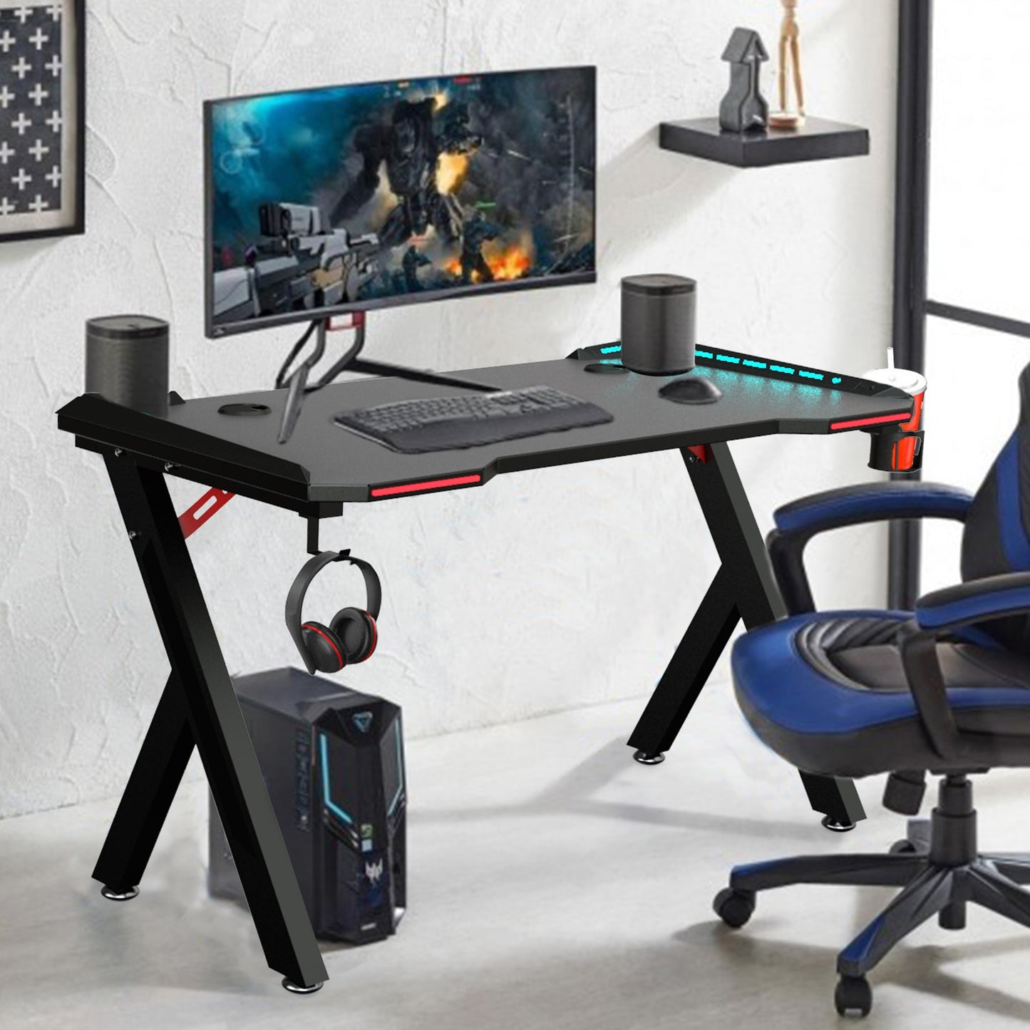 Ergonomic Gaming Desk PC  with RGB LED Lights and Headphone Holder