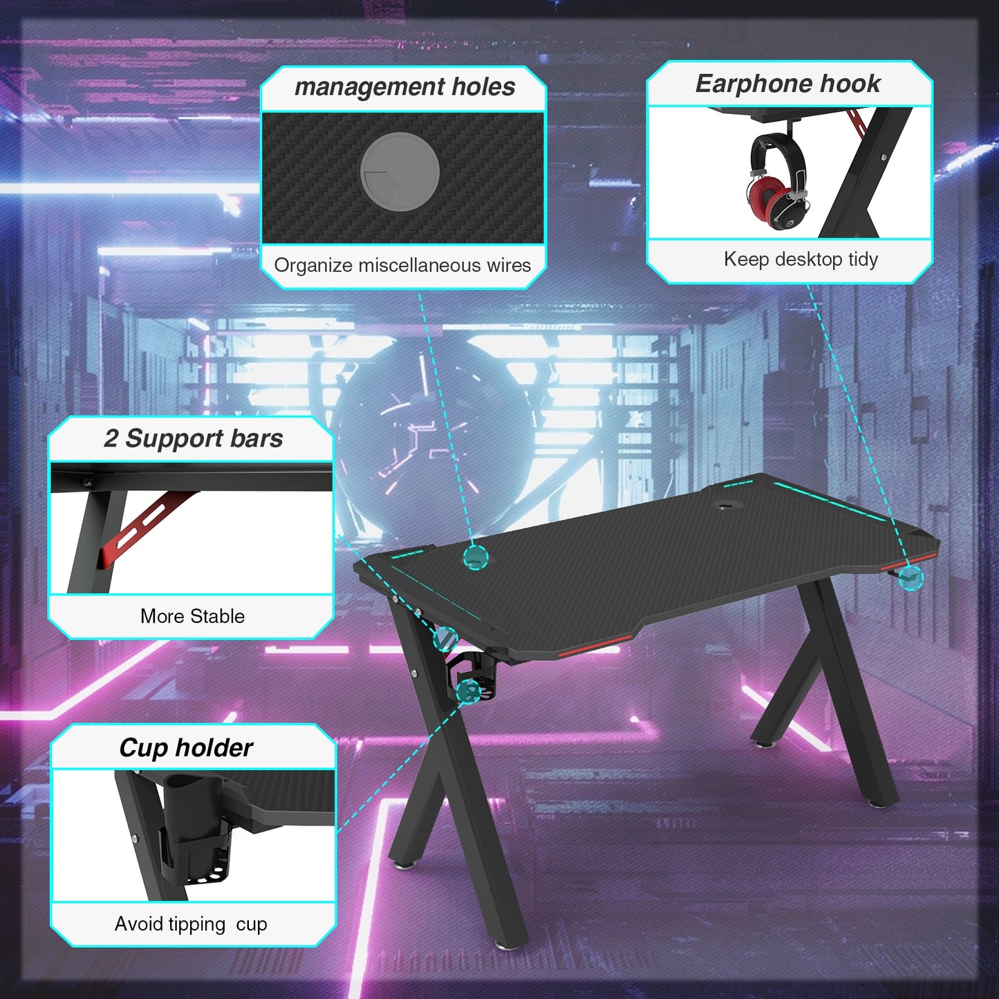 Ergonomic Gaming Desk PC  with RGB LED Lights and Headphone Holder