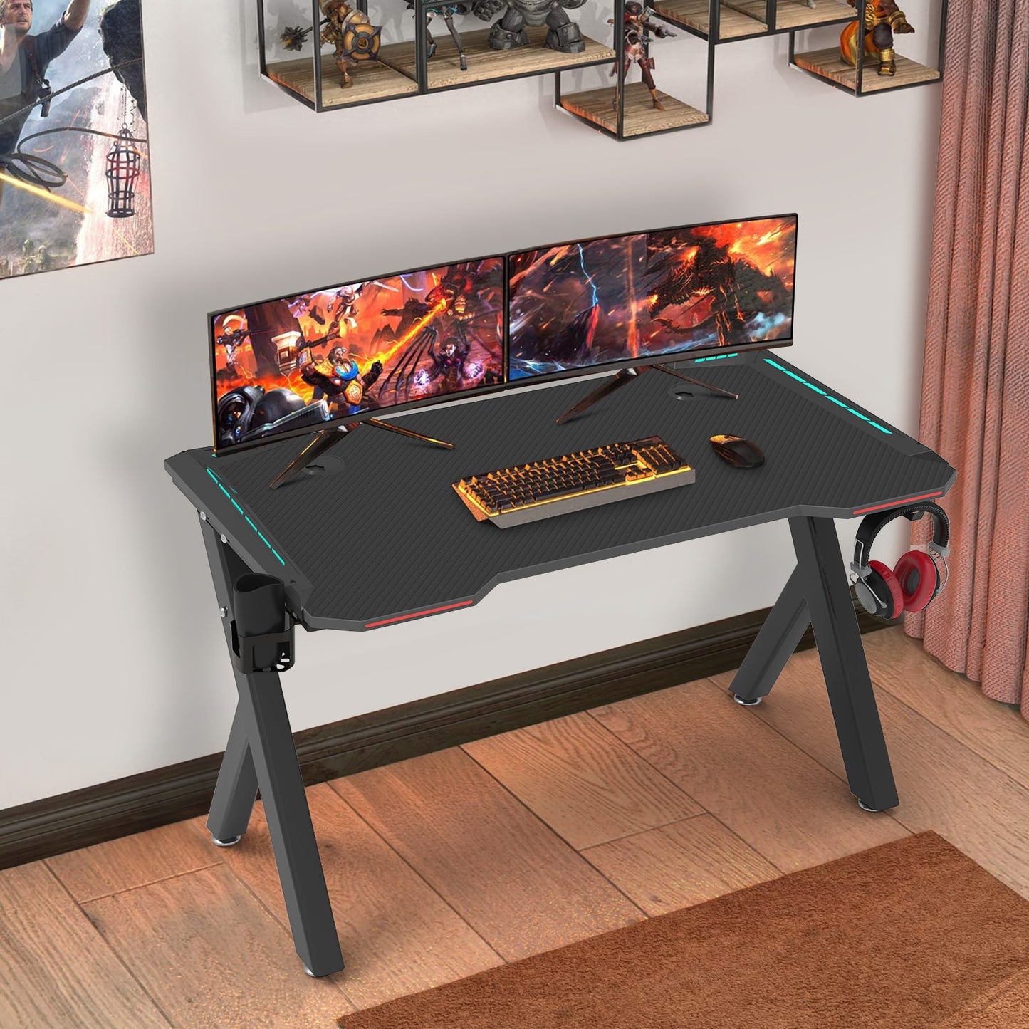 Ergonomic Gaming Desk PC  with RGB LED Lights and Headphone Holder