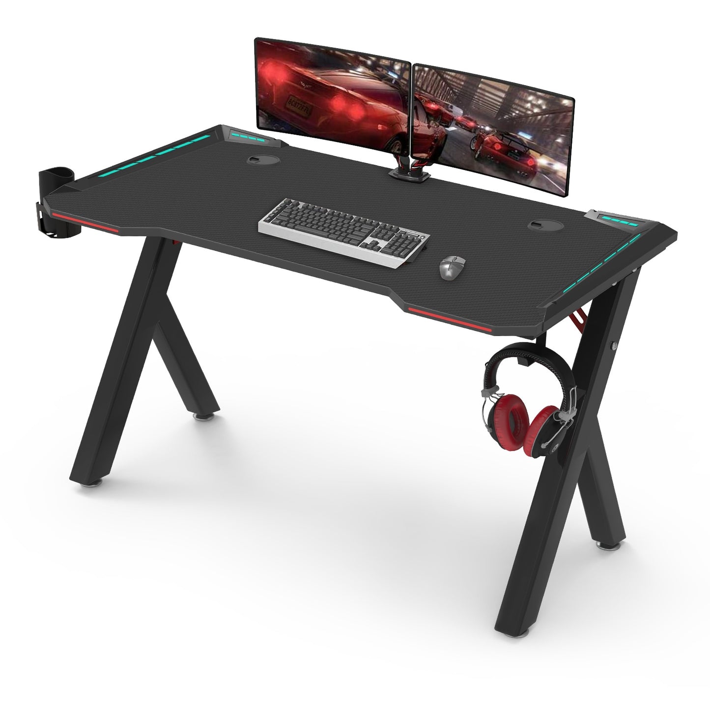 Ergonomic Gaming Desk PC  with RGB LED Lights and Headphone Holder