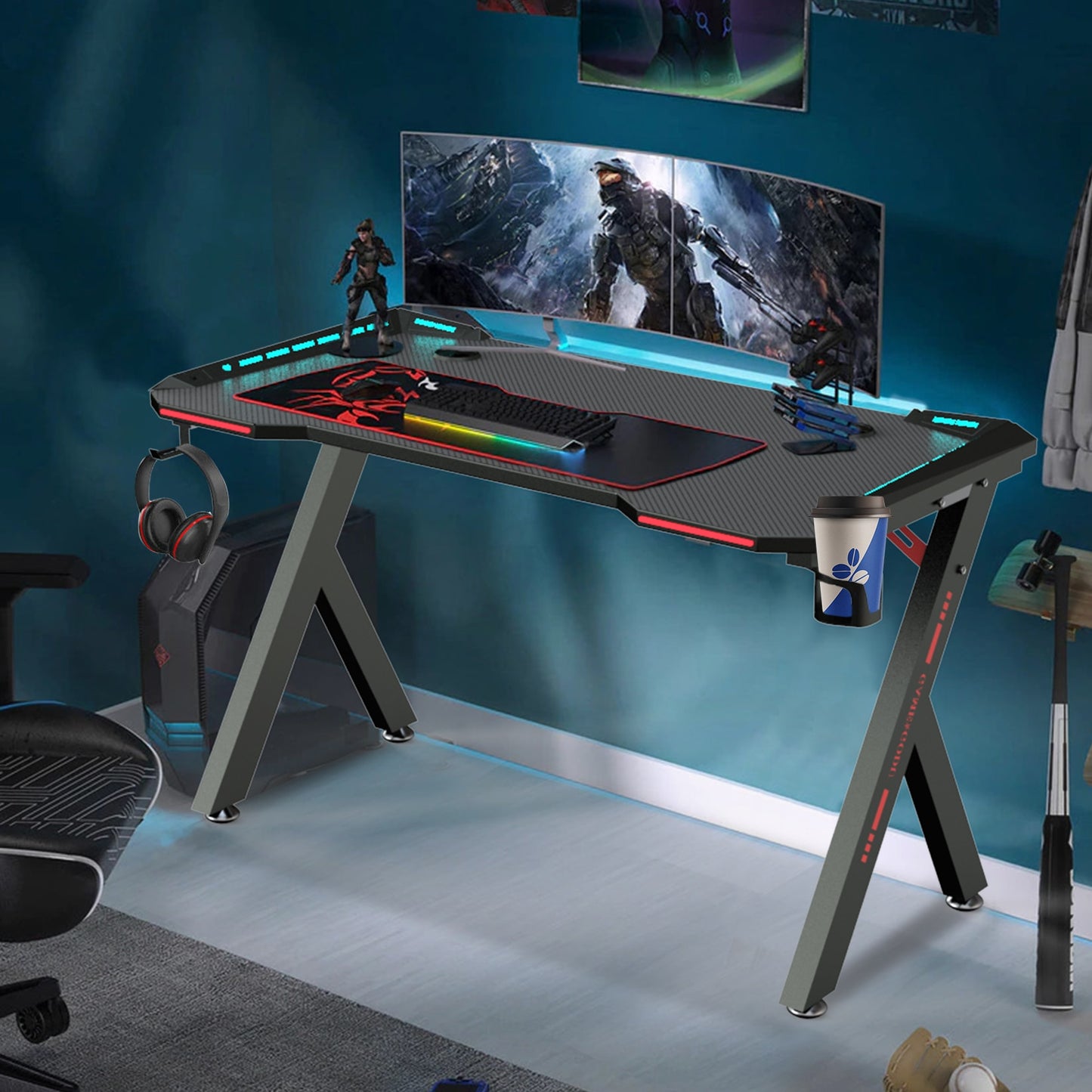 Ergonomic Gaming Desk PC  with RGB LED Lights and Headphone Holder