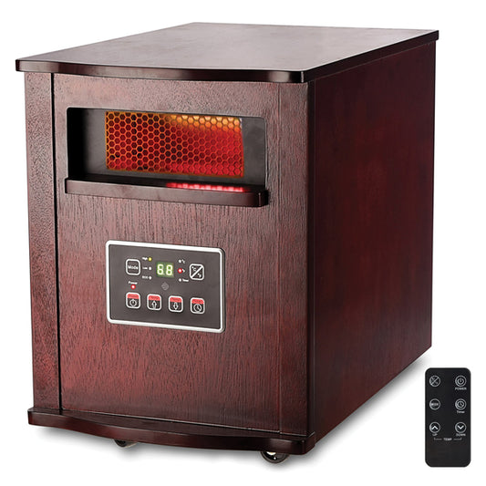 Optimus H-8010 H-8010 3-Setting 1,500-Watt-Max Portable Wood-Cabinet Infrared Quartz Heater with Remote, LCD Display, and Wheeled Base