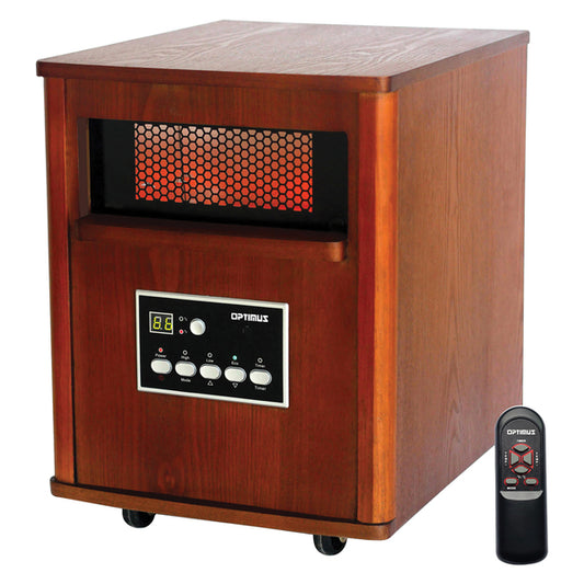 Optimus H-8121 H-8121 3-Setting 1,500-Watt-Max Portable Wood-Cabinet Infrared Quartz Heater with Remote, LED Display, and Wheeled Base