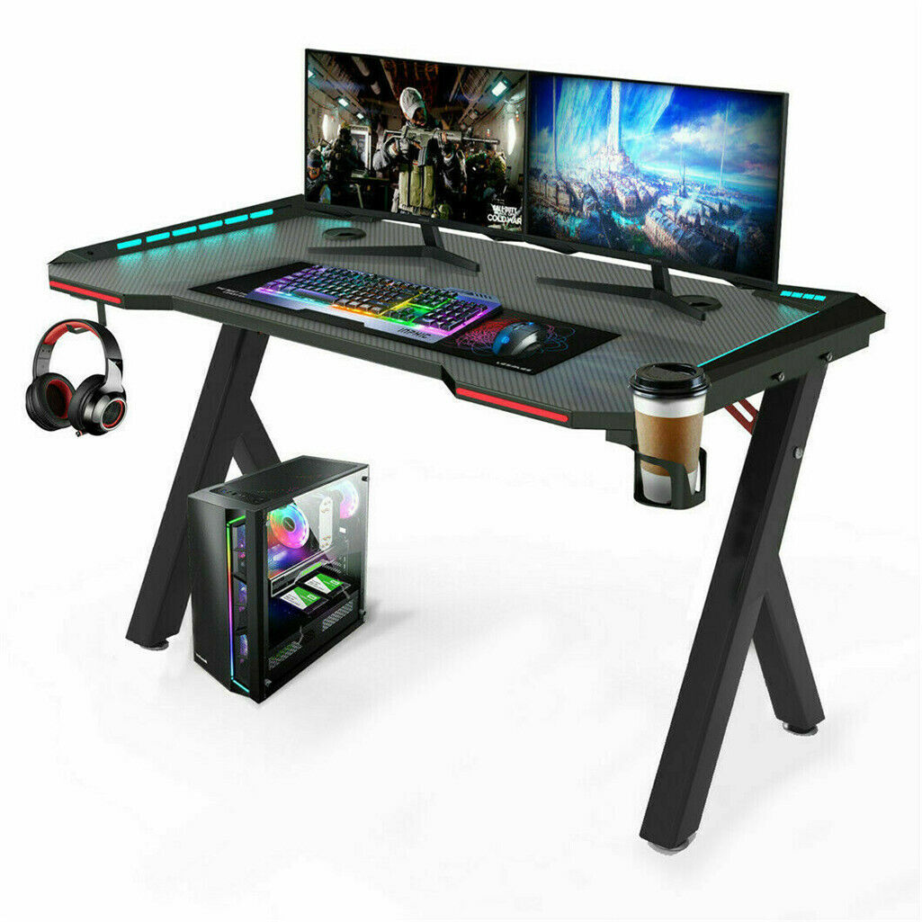 Ergonomic Gaming Desk PC  with RGB LED Lights and Headphone Holder