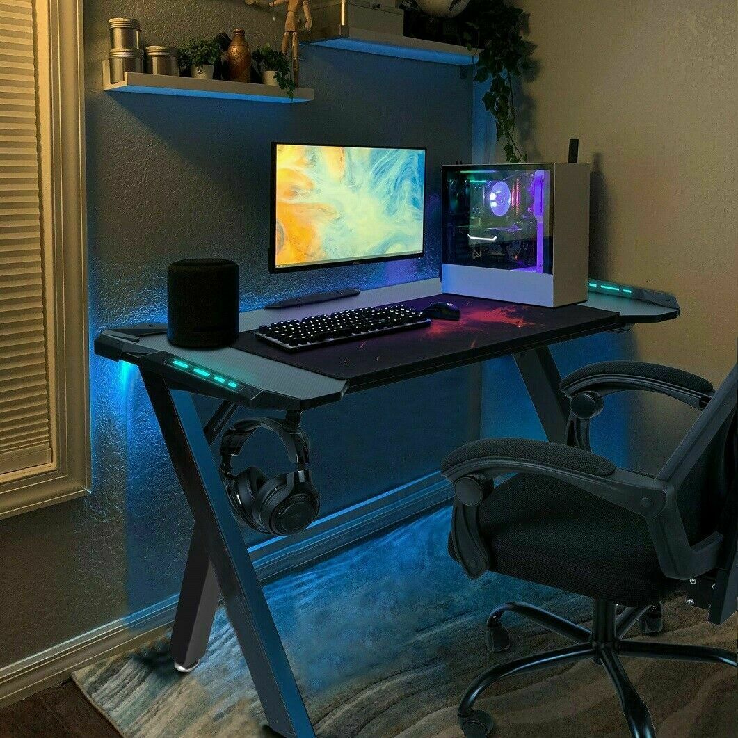 Ergonomic Gaming Desk PC  with RGB LED Lights and Headphone Holder