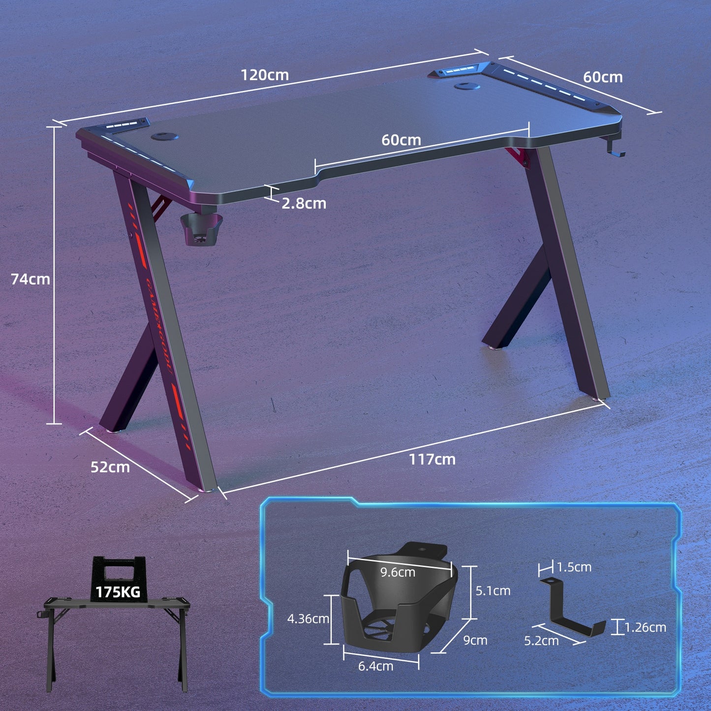 Ergonomic Gaming Desk PC  with RGB LED Lights and Headphone Holder