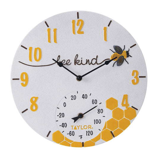 Taylor Precision Products 5280579 14-In. Bee Kind Poly Resin Clock with Thermometer