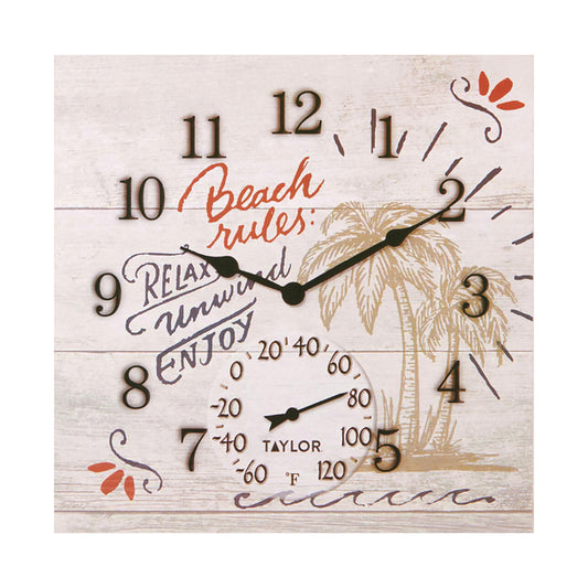Taylor Precision Products 5280580 14-In. x 14-In. Beach Rules Poly Resin Clock with Thermometer